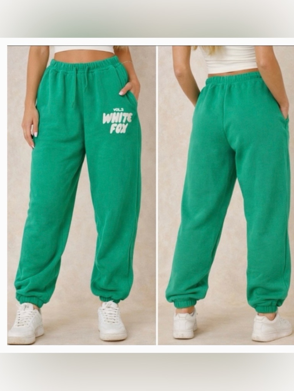 WHITE FOX emerald GREEN sweatpants “Vol.3 “LARGE; white lettering; elastic waist
